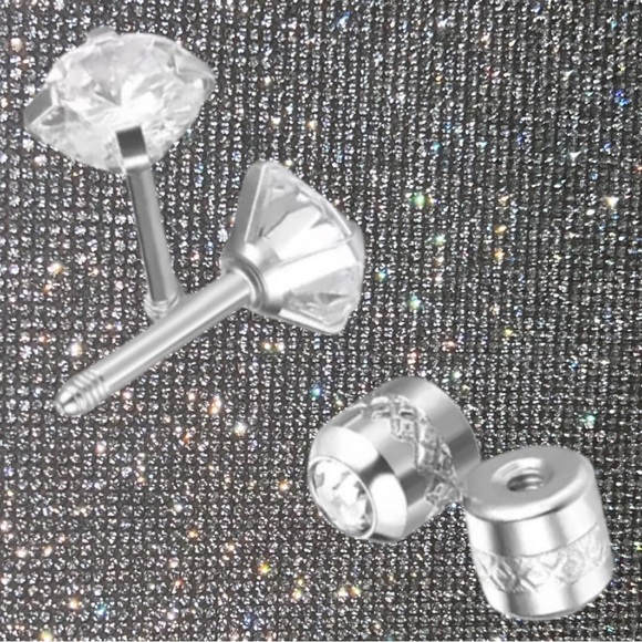 Diamond stud screw on earrings 6mm Hypoallergenic Cubic Zirconia Stainless steel - Picture 2 of 11